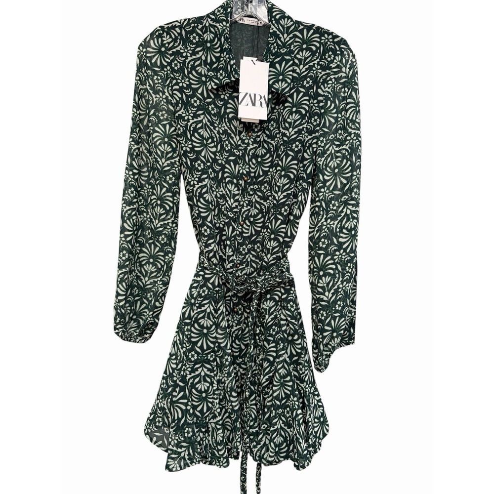 Zara NWT Green & White Floral Print Long Sleeve Belted‎ Mini Dress Size XS Lined